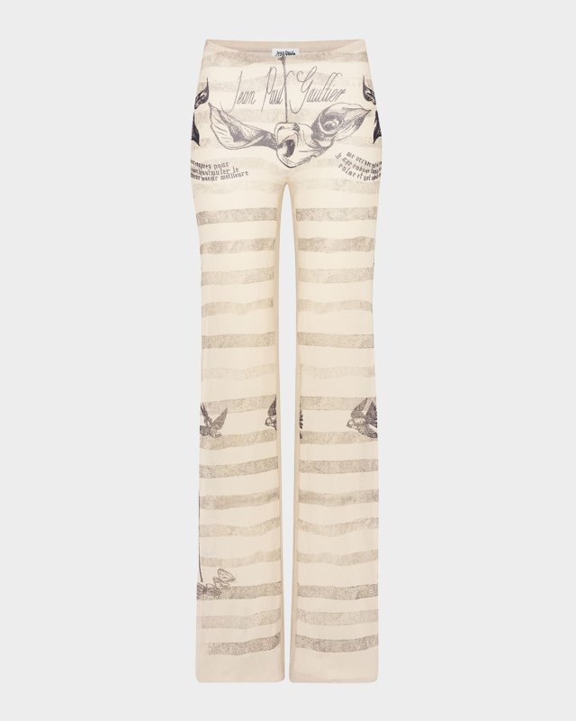 Tattoo Mariniere Print Mesh Straight-Leg Trousers